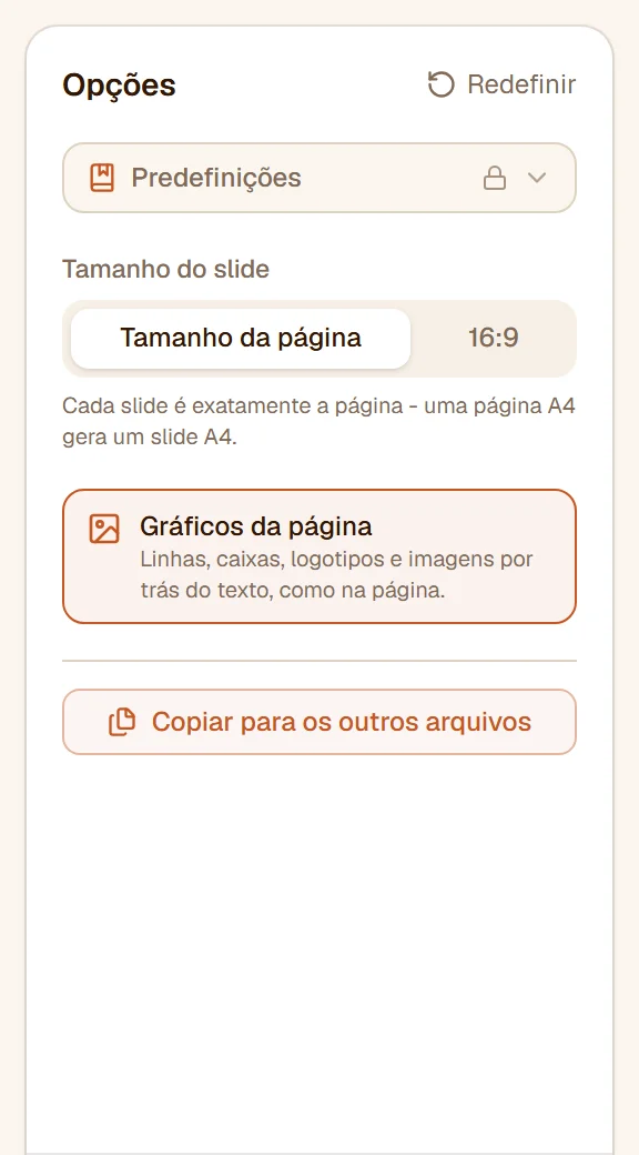 O painel: Tamanho do slide em Tamanho da página, Gráficos da página ligado