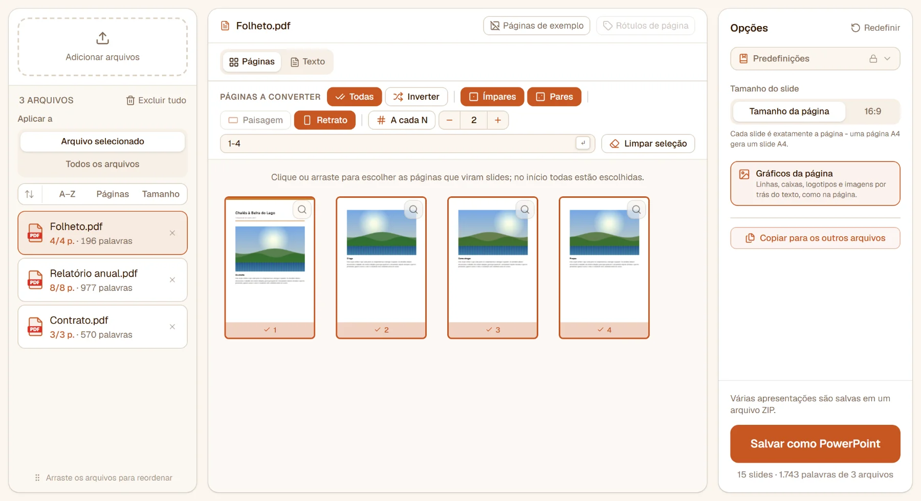 PDF para PowerPoint com três arquivos: as quatro páginas com fotos do folheto escolhidas, a lista de arquivos contando as palavras de cada arquivo