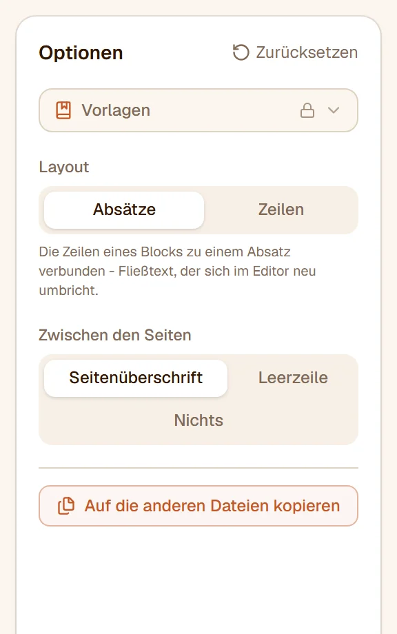 Die Optionsleiste: Layout auf Absätze, Zwischen den Seiten auf Seitenüberschrift