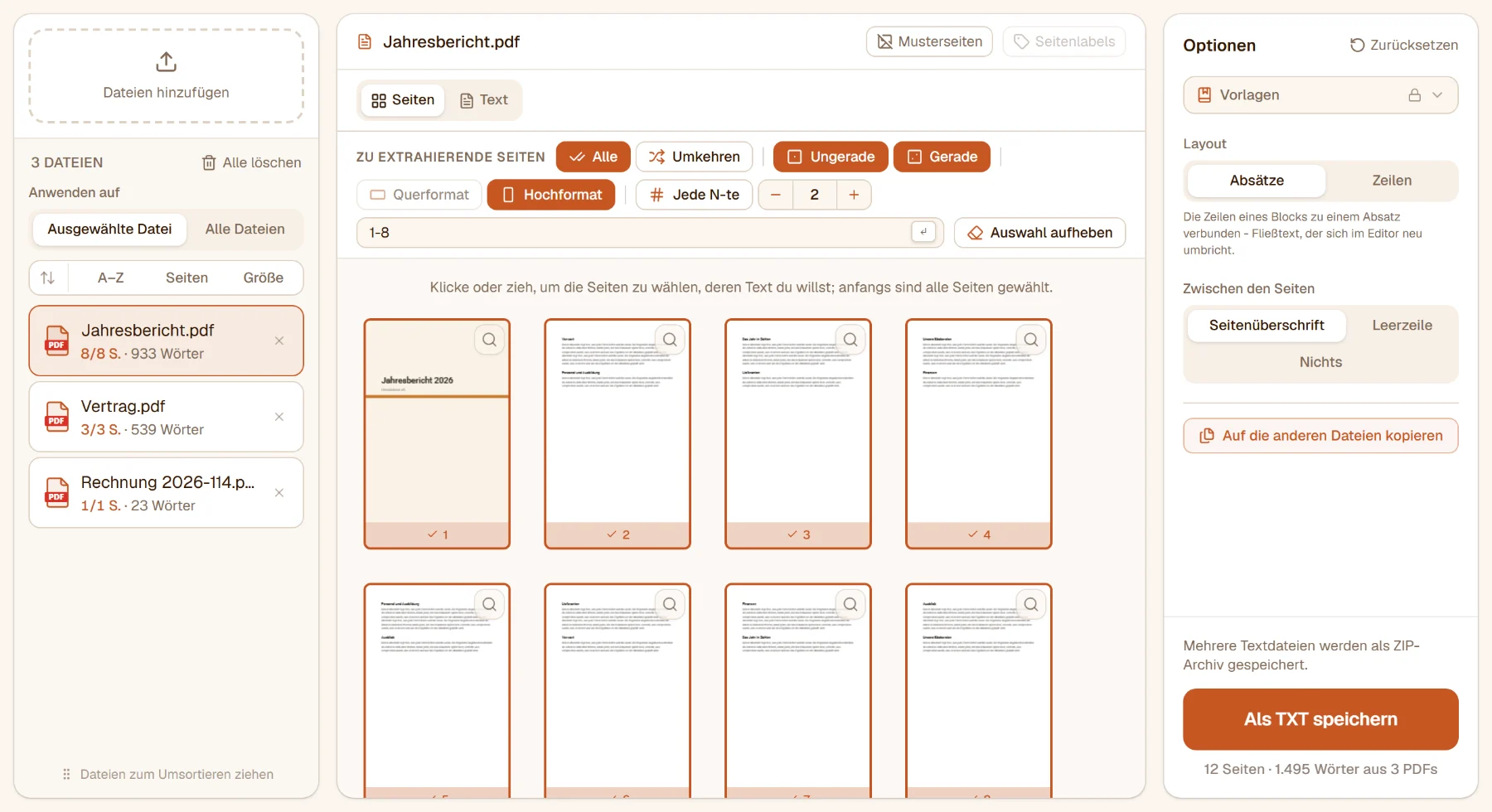 PDF in Text mit drei Dateien: die acht Seiten des Jahresberichts gewählt, die Dateiliste zählt die Wörter jeder Datei