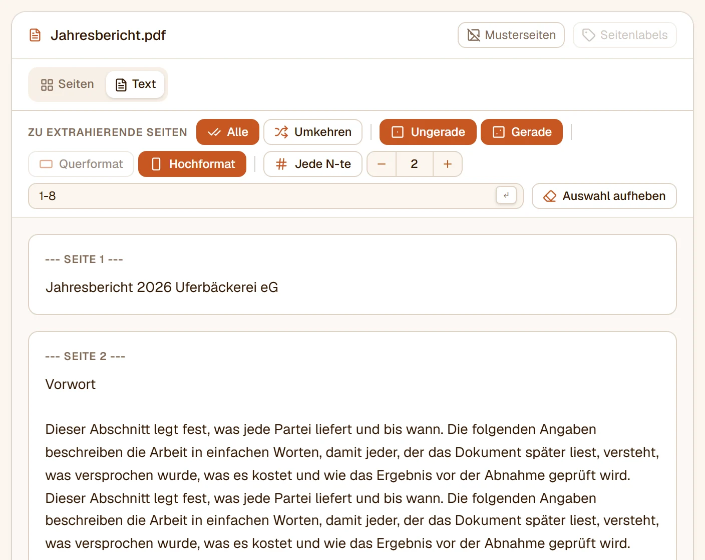 Die Ansicht Text: Seite 2 des Berichts als Überschrift und zwei Absätze Fließtext