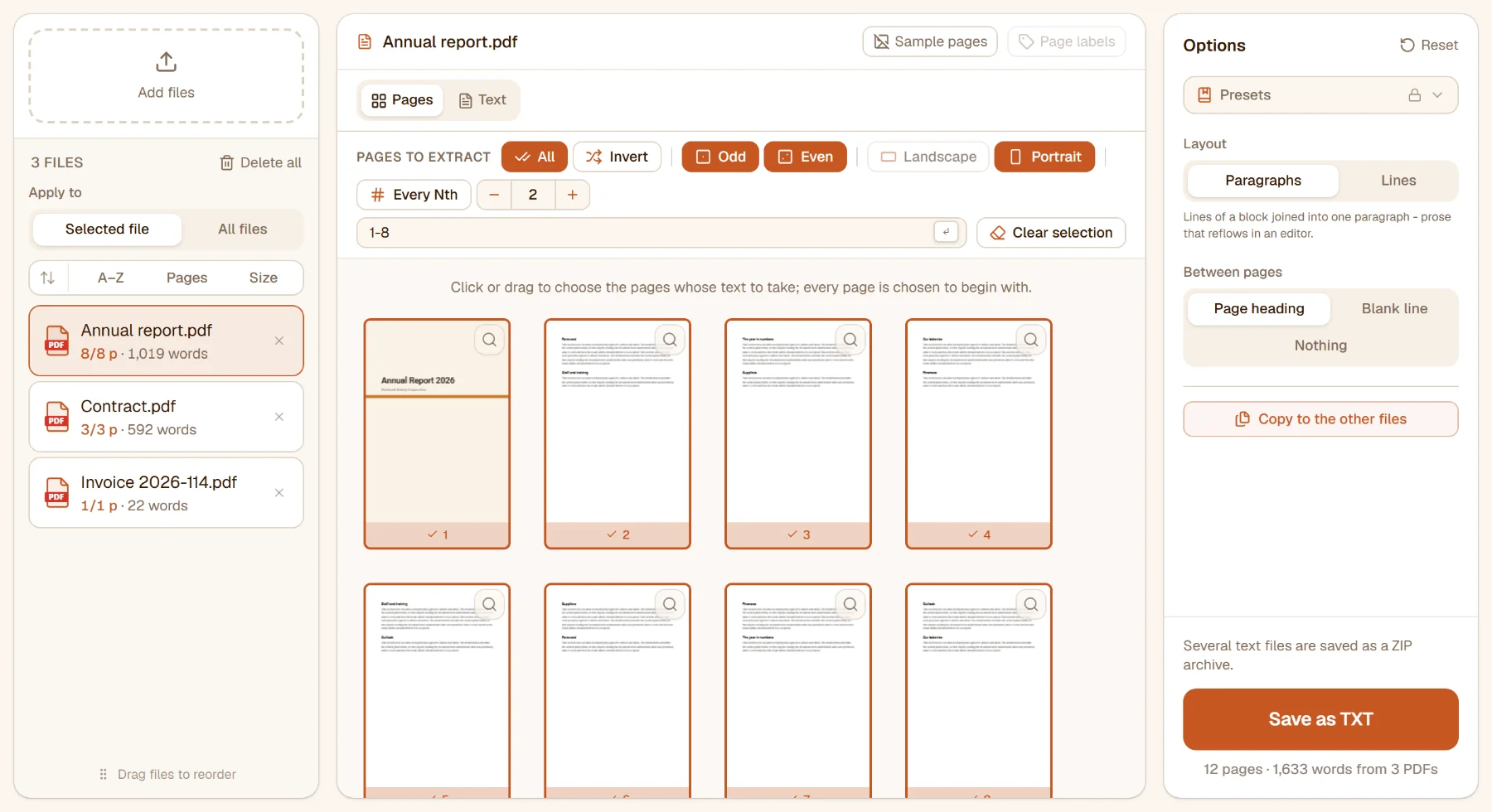 PDF to Text with three files: the annual report's eight pages chosen, the file list counting the words of each file