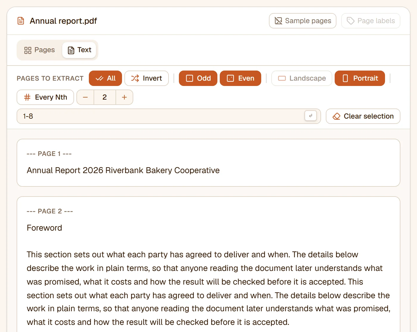 The Text view: page 2 of the report as a heading and two paragraphs of running text