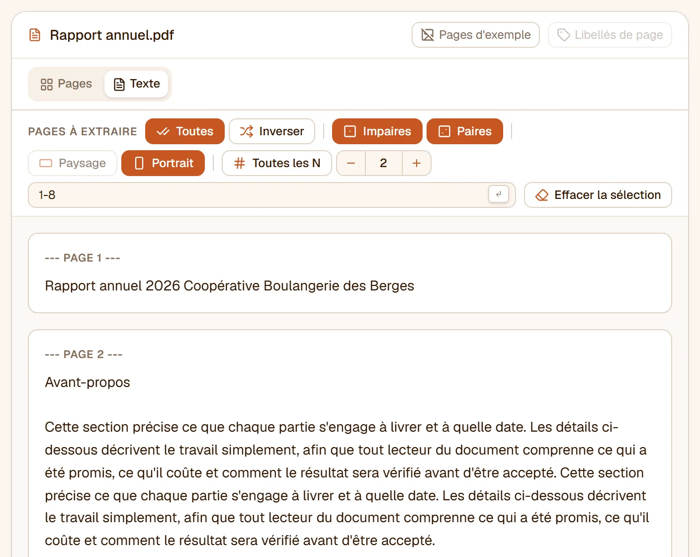 La vue Texte : la page 2 du rapport sous forme d'un titre et de deux paragraphes de texte courant