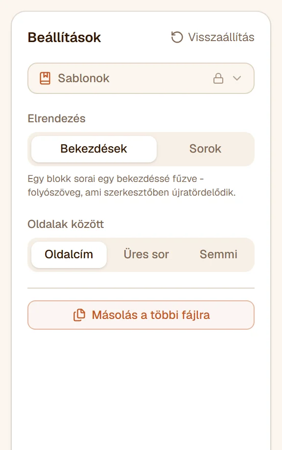 A sáv: Elrendezés Bekezdések, Oldalak között Oldalcím állásban
