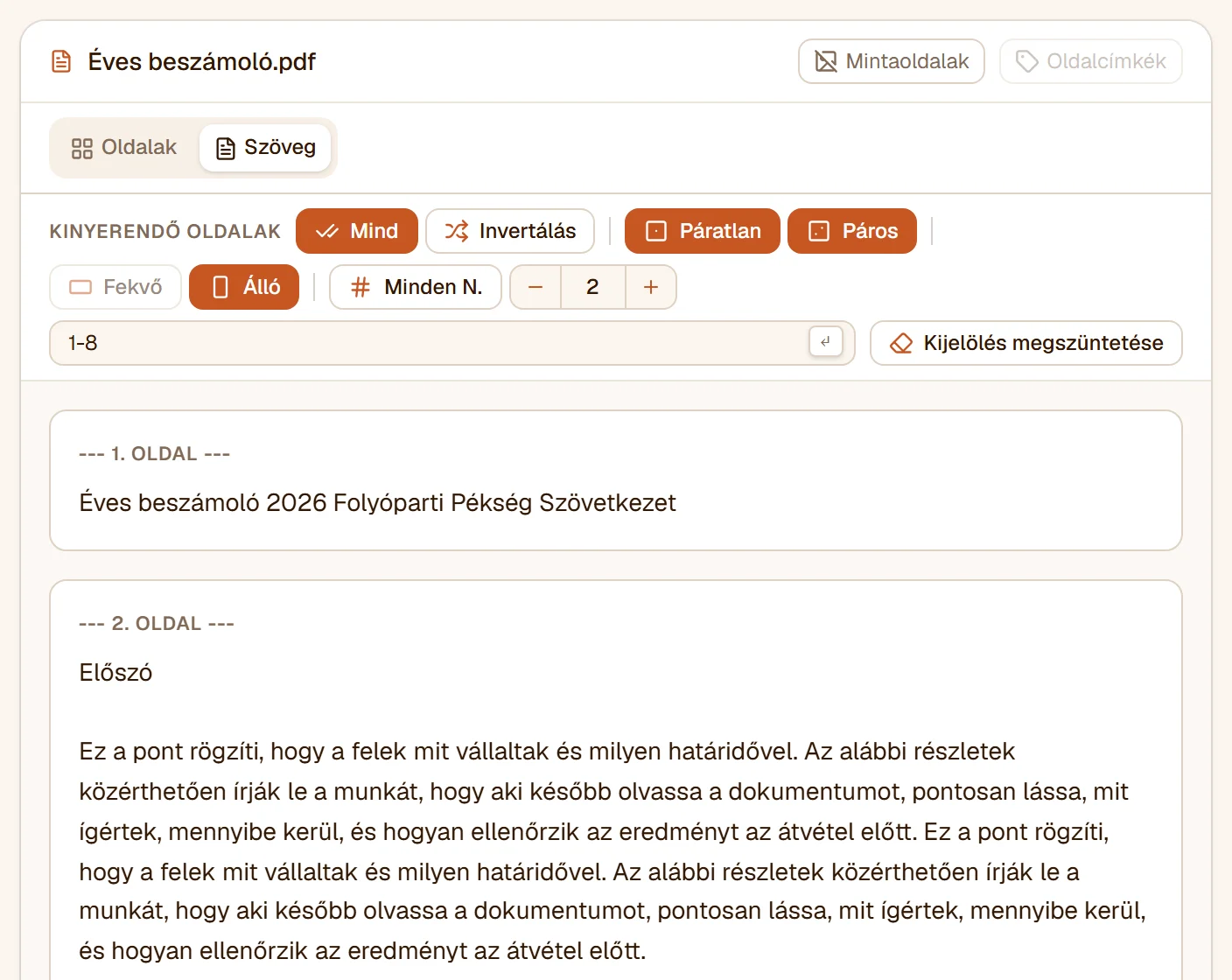 A Szöveg nézet: a beszámoló 2. oldala egy címként és két bekezdés folyószövegként