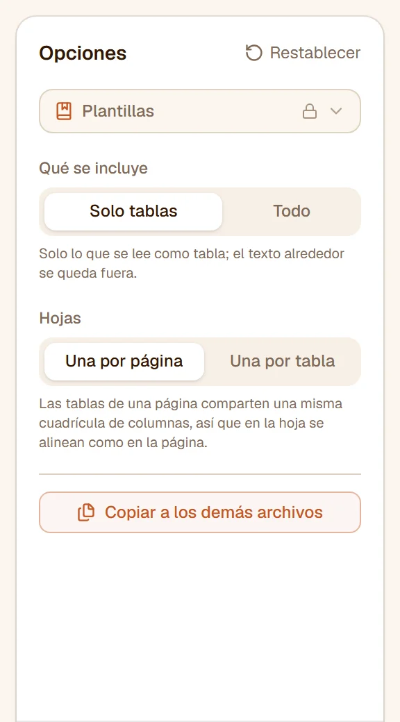El panel: Qué se incluye en Solo tablas, Hojas en Una por página