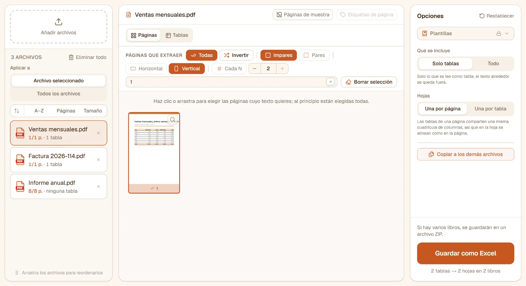 PDF a Excel con tres archivos: la tabla de ventas mensuales y la factura contienen 1 tabla cada una, el informe anual ninguna