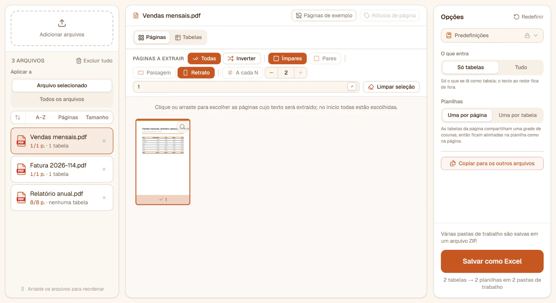 PDF para Excel com três arquivos: a tabela de vendas mensais e a fatura têm 1 tabela cada, o relatório anual nenhuma