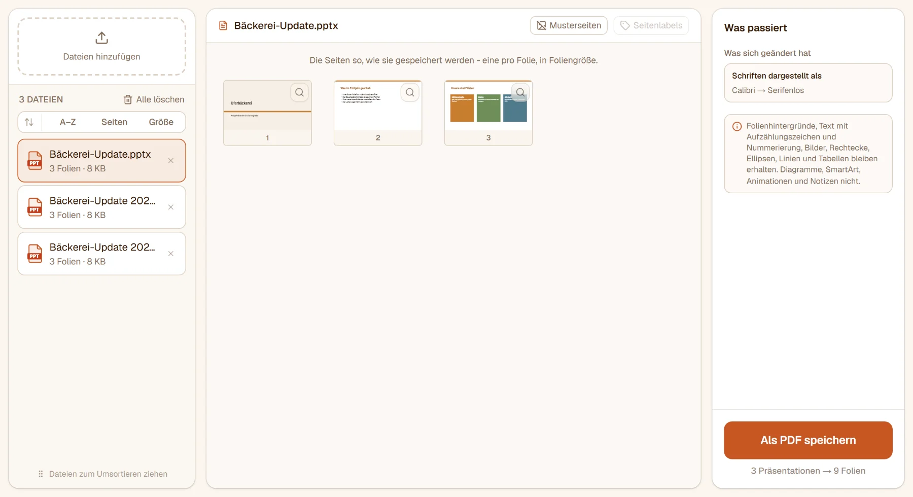 PowerPoint in PDF mit drei Präsentationen: die drei Folien des Bäckerei-Updates - eine Titelfolie, eine Folie mit Aufzählung, drei farbige Kästen