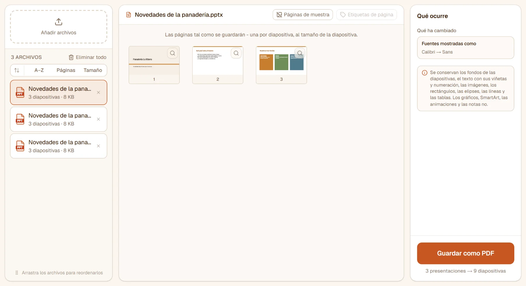 PowerPoint a PDF con tres presentaciones: las tres diapositivas de las novedades de la panadería - una diapositiva de título, una con viñetas y tres recuadros de colores