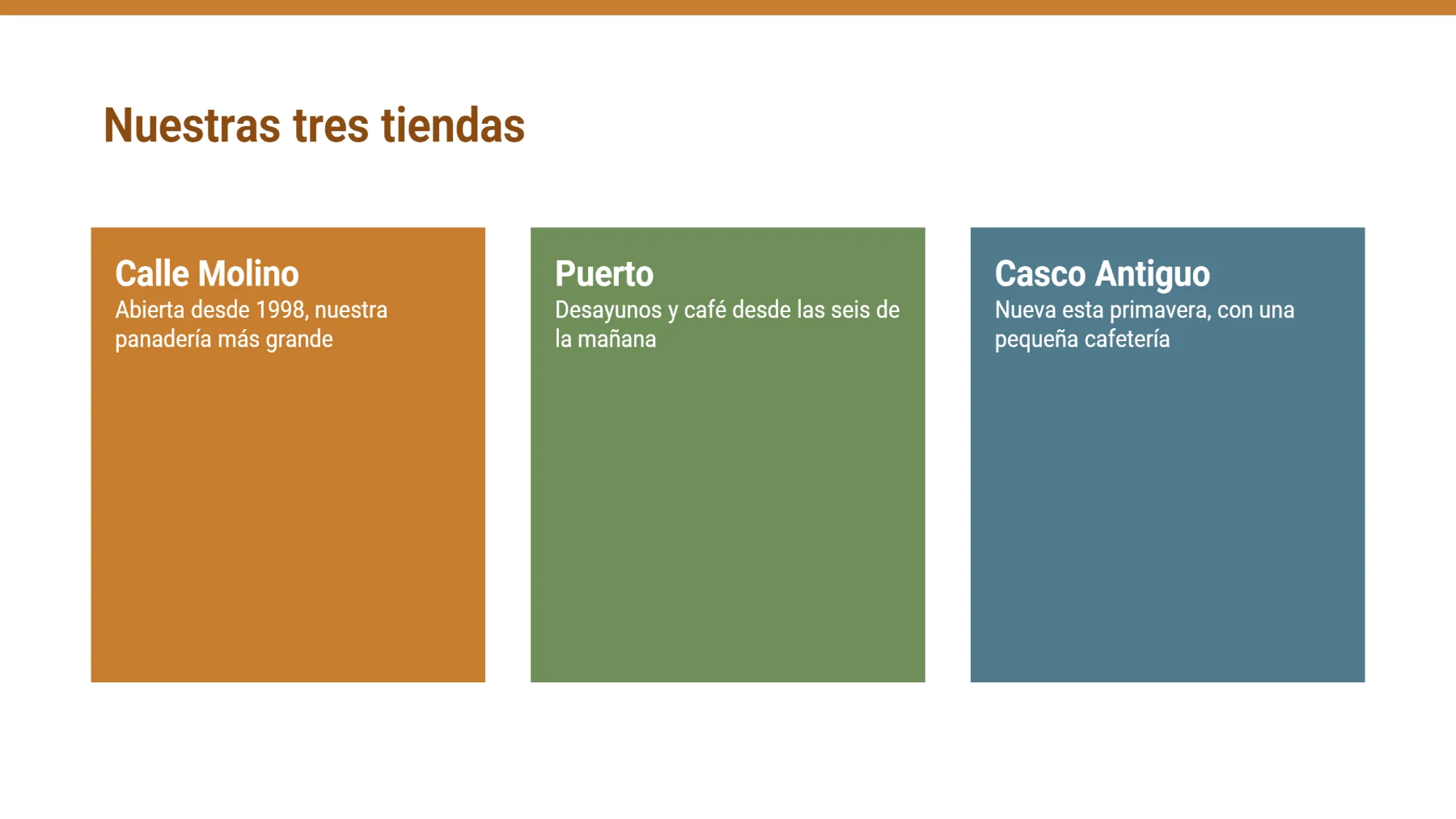 La tercera diapositiva en grande: el título y tres recuadros de colores con texto blanco, tal como los dispuso la presentación