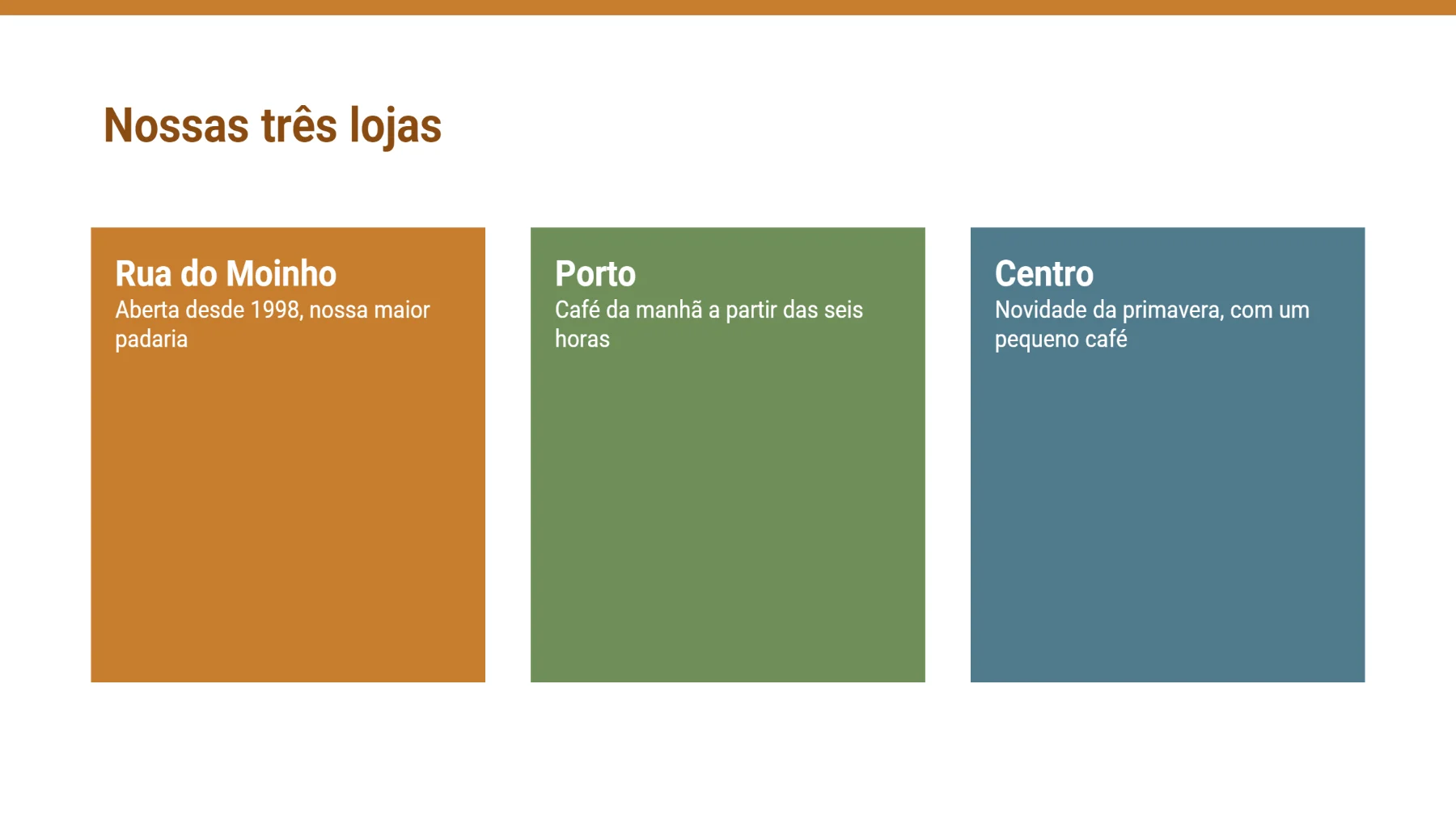 O terceiro slide em tamanho grande: o título e três caixas coloridas com texto branco, como a apresentação os dispôs
