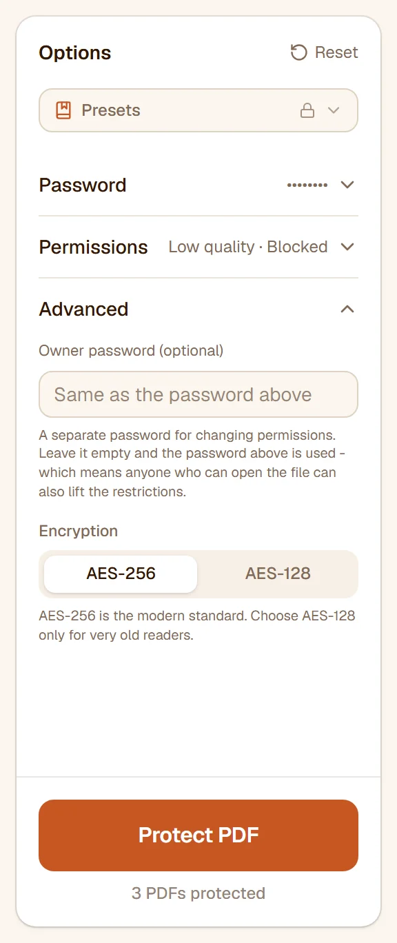 The Advanced section: the optional owner password and the AES-256 / AES-128 choice