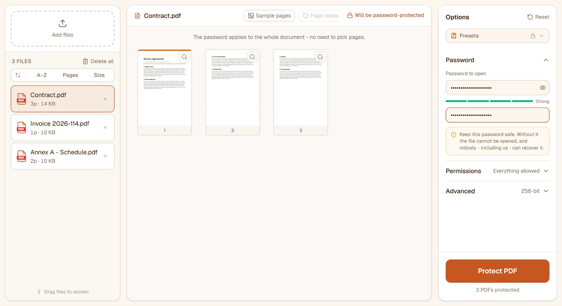 Protect PDF with three files in the list and a password typed into the rail