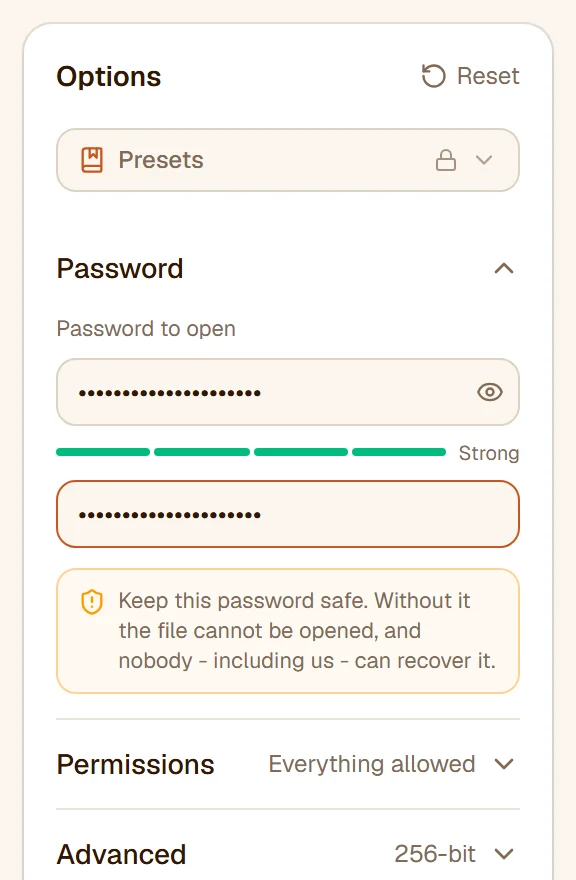 The Password section: the password and its confirmation as dots, the strength meter and the warning to keep the password safe