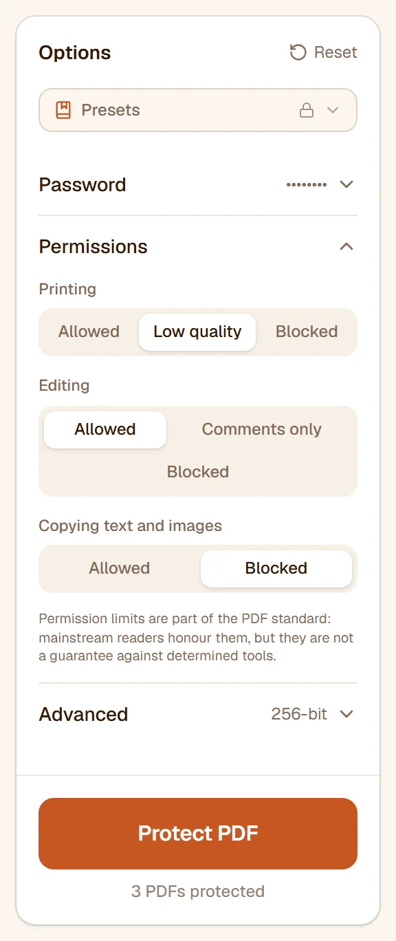 The Permissions section with printing set to low quality and copying blocked