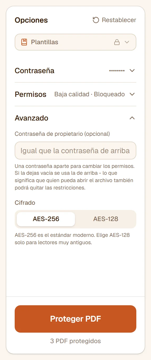 La sección Avanzado: la contraseña de propietario opcional y la elección entre AES-256 y AES-128