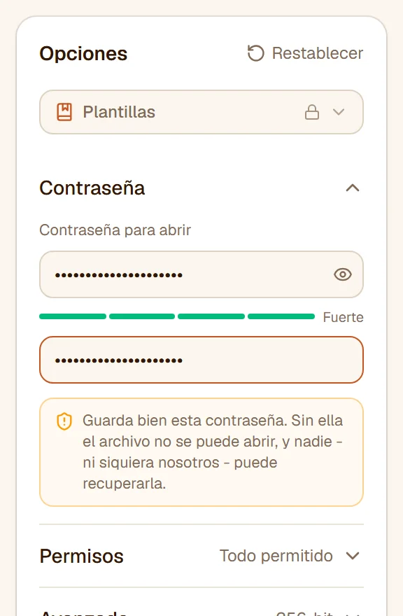 La sección Contraseña: la contraseña y su confirmación como puntos, el medidor de seguridad y el aviso de guardar bien la contraseña
