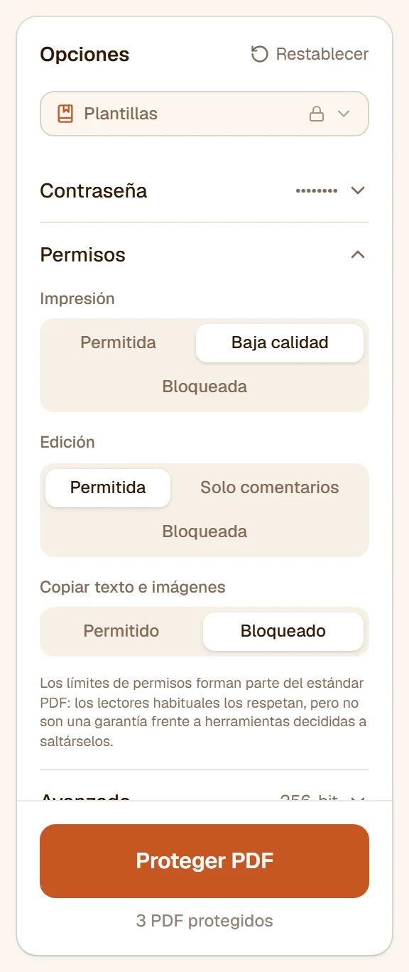 La sección Permisos con la impresión en baja calidad y la copia bloqueada