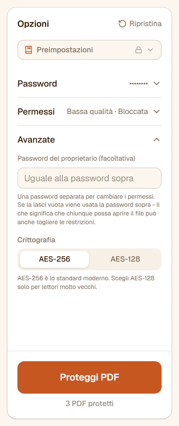 La sezione Avanzate: la password del proprietario facoltativa e la scelta tra AES-256 e AES-128