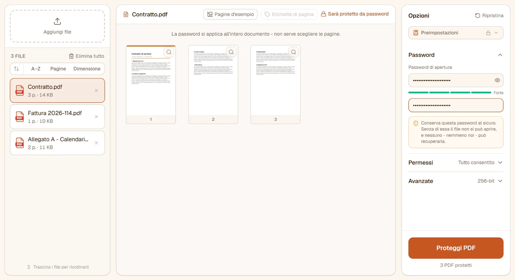 Proteggere PDF con tre file nell'elenco e una password digitata nel pannello
