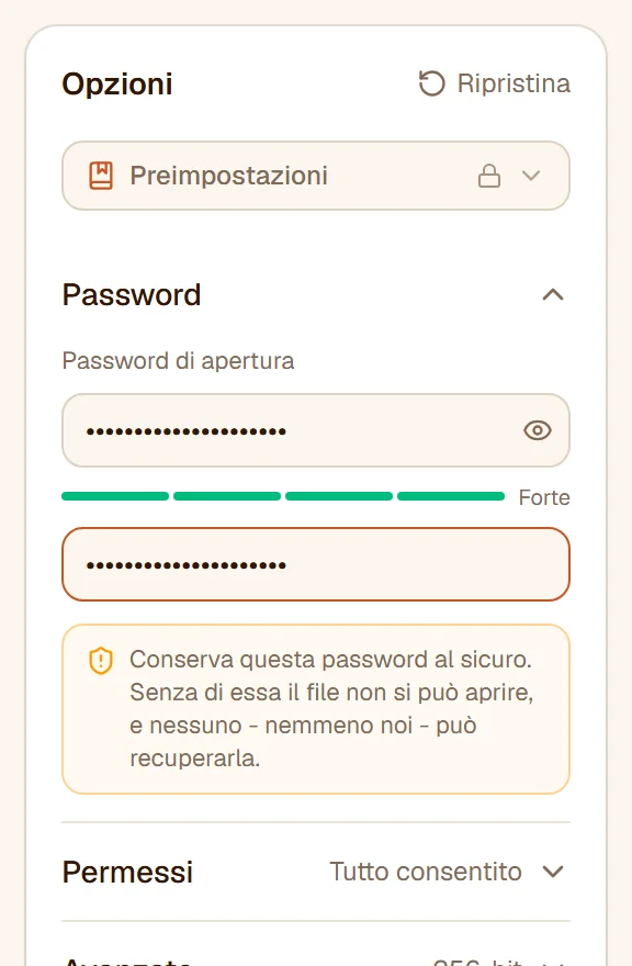 La sezione Password: la password e la sua conferma come puntini, l'indicatore di robustezza e l'avviso di conservare la password