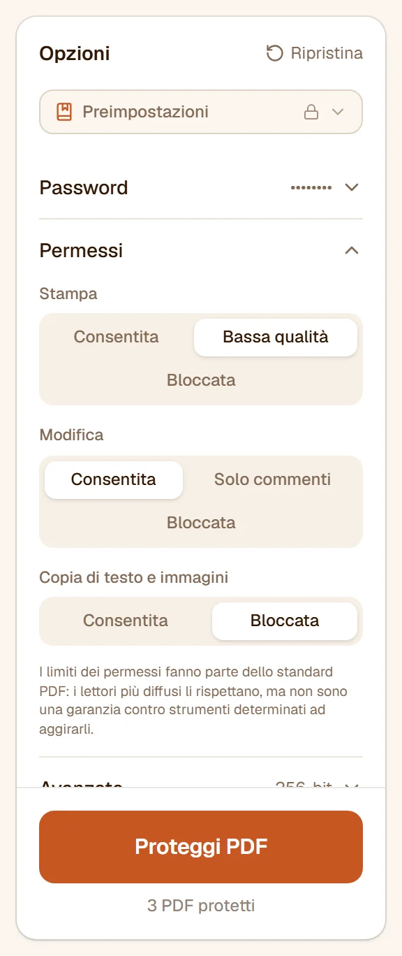 La sezione Permessi con la stampa in bassa qualità e la copia bloccata