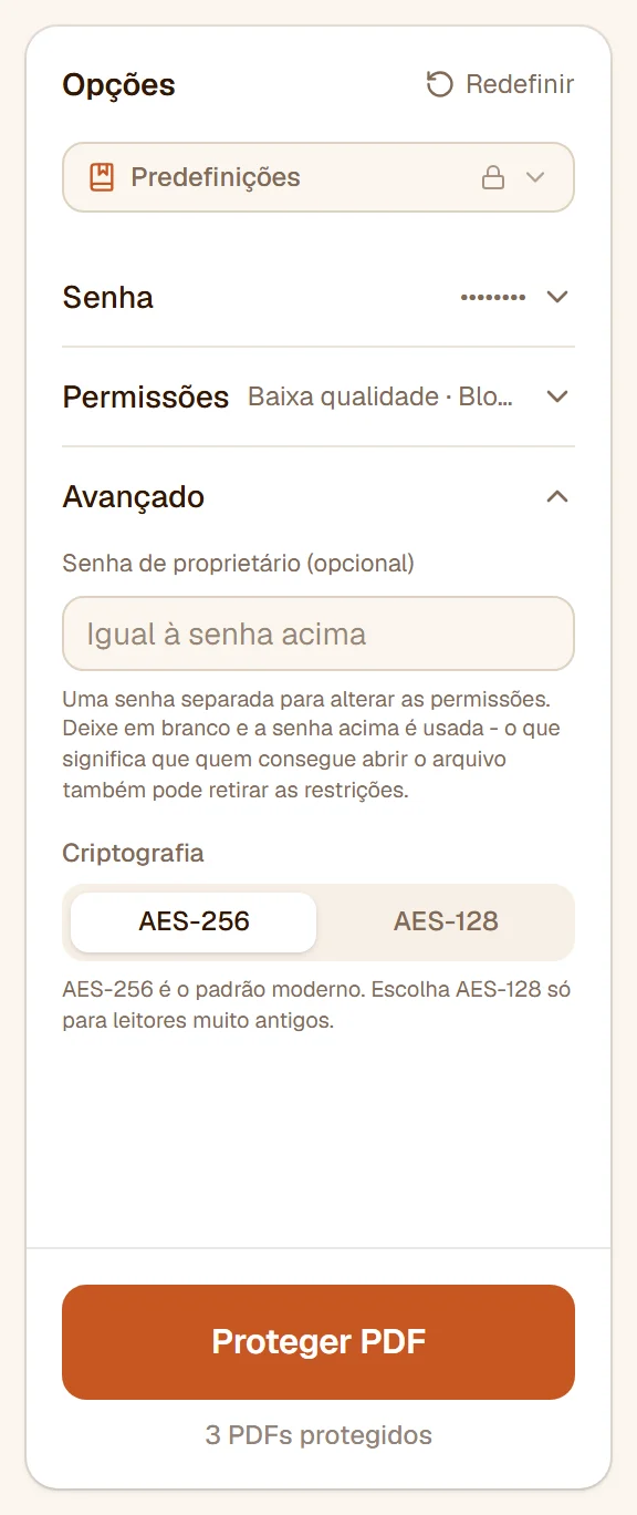 A seção Avançado: a senha de proprietário opcional e a escolha entre AES-256 e AES-128