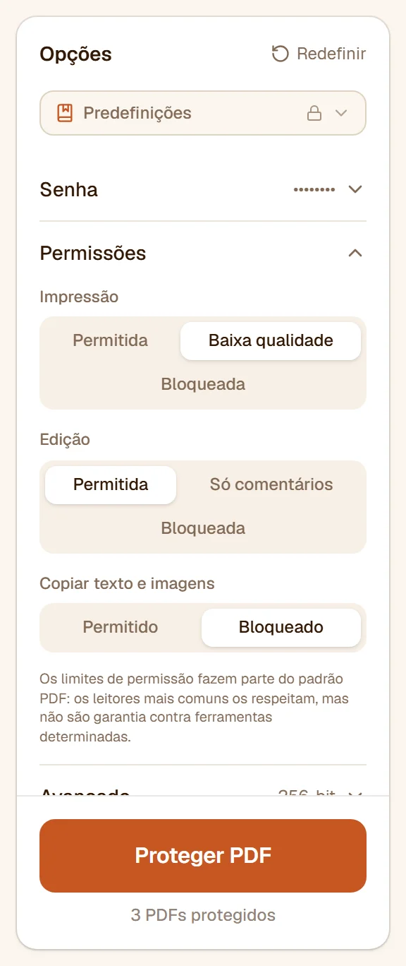A seção Permissões com a impressão em baixa qualidade e a cópia bloqueada