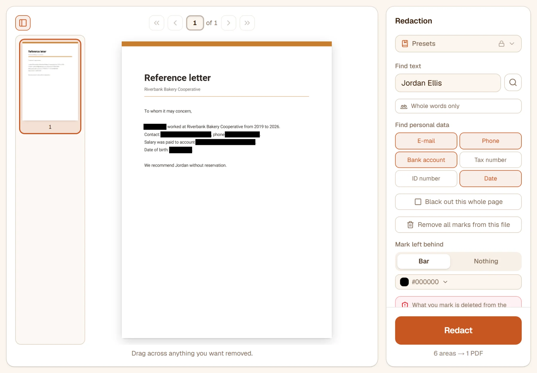 The letter with the name, the e-mail, the phone number, the account number and the date of birth marked as black bars