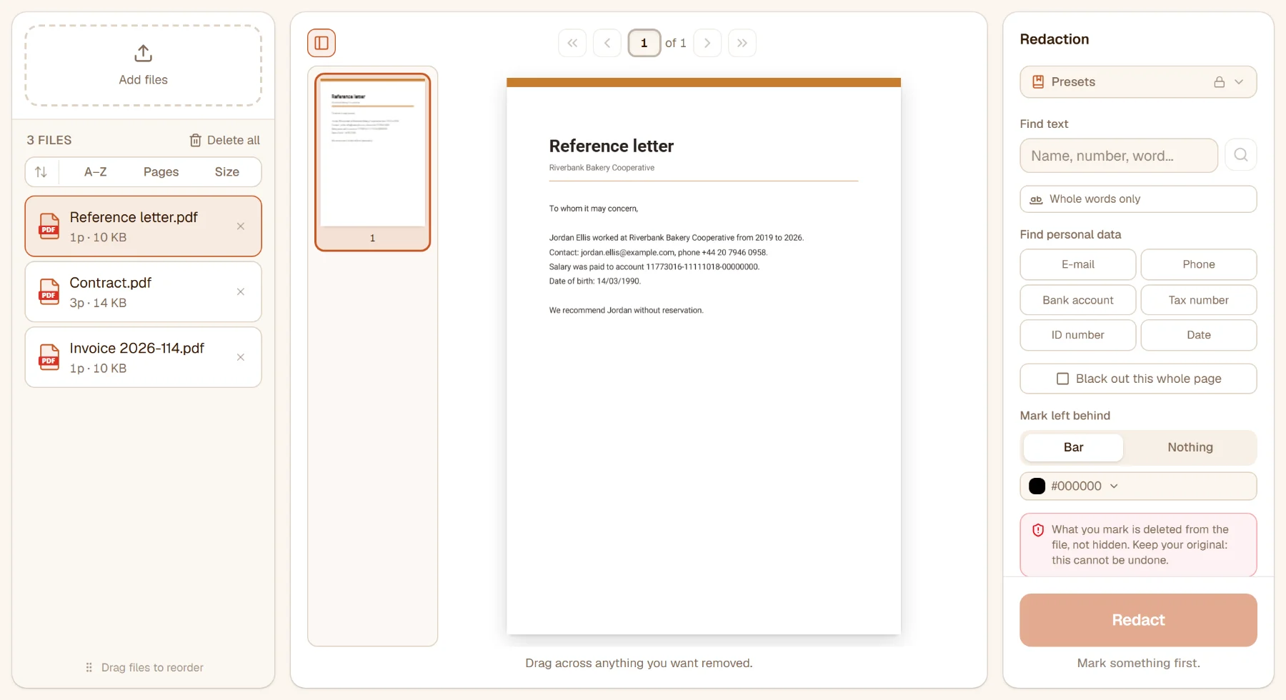 Redact PDF with three files in the list and a reference letter open, the redaction options on the right