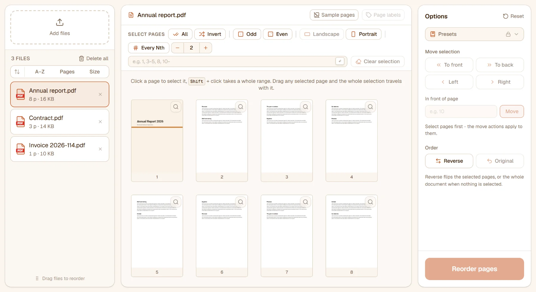 Reorder Pages with three files in the list and the selected report's eight pages