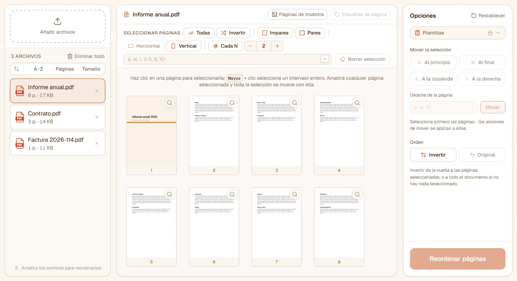 Reordenar páginas PDF con tres archivos en la lista y las ocho páginas del informe seleccionado