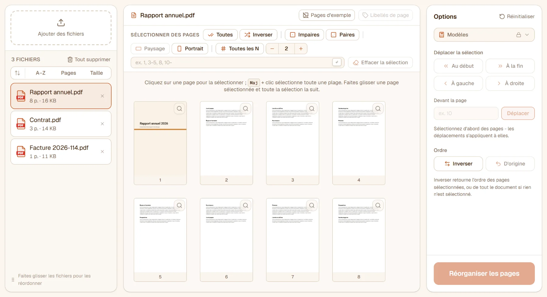 Réorganiser les pages PDF avec trois fichiers dans la liste et les huit pages du rapport sélectionné