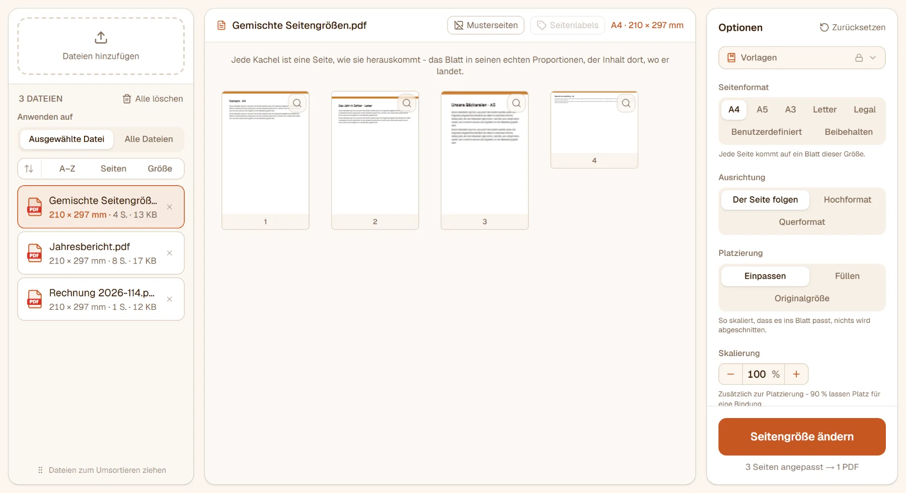 PDF-Seitengröße ändern mit drei Dateien: ein Dokument aus A4-, Letter-, A5- und A3-Seiten, alle auf A4 gebracht, die A3-Seite auf ein A4 im Querformat