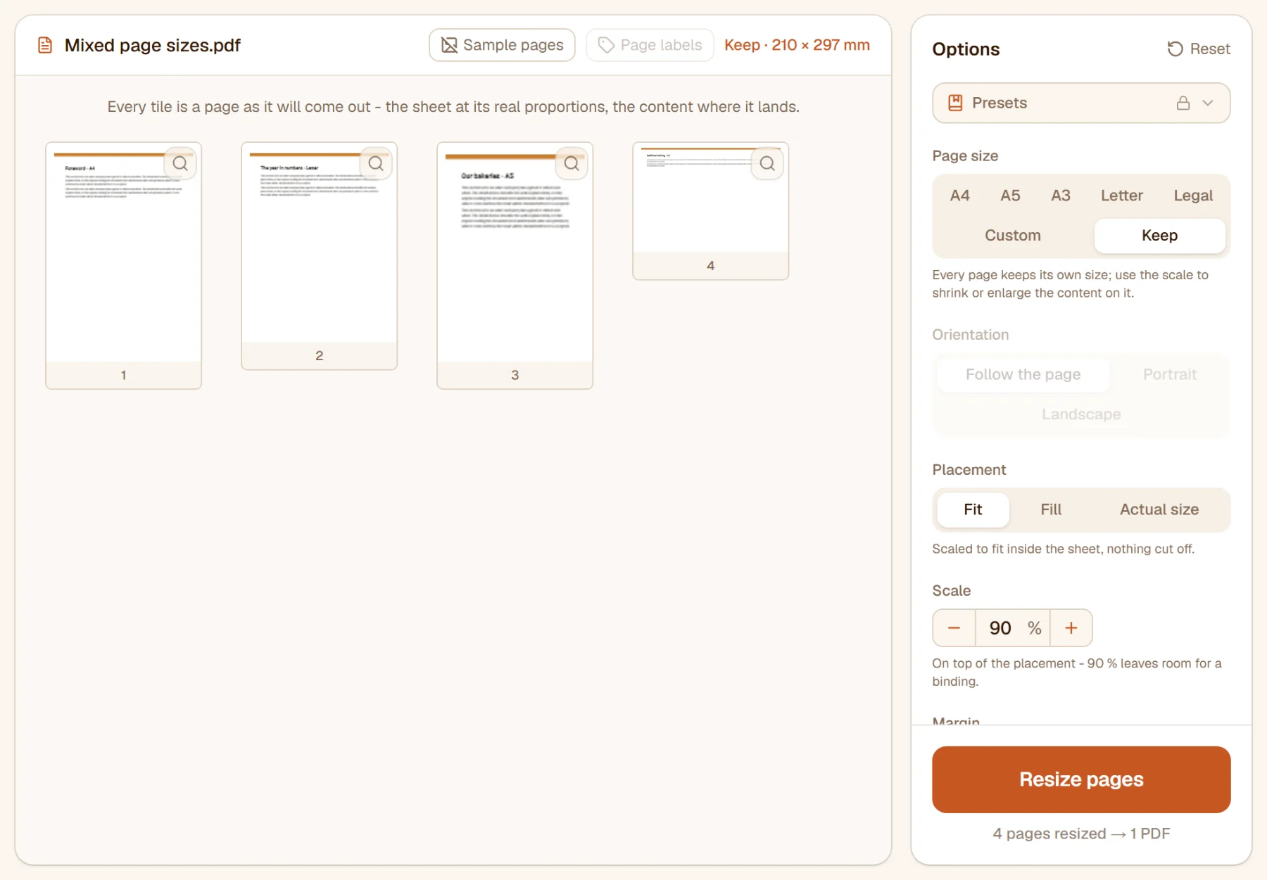 Page size set to Keep and the scale to 90 %: every page keeps its size, the content shrunk a little on it