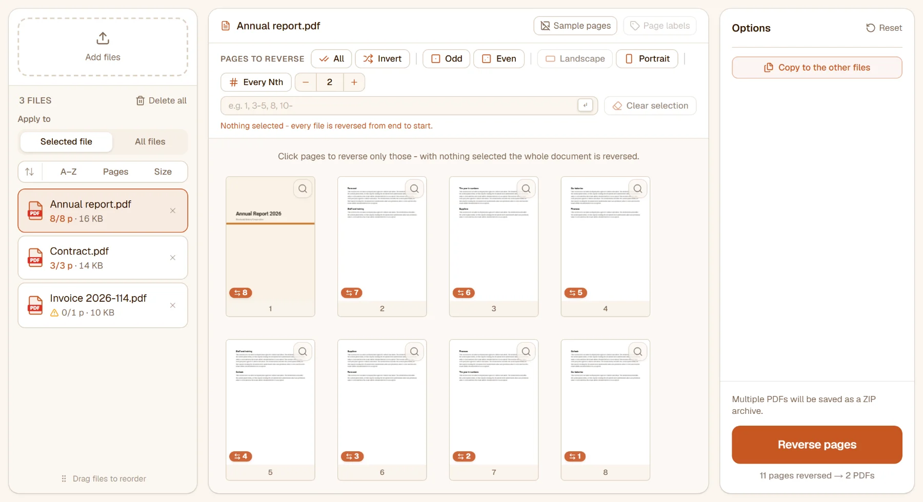 Reverse Pages with three files in the list: the annual report's eight pages in their current order
