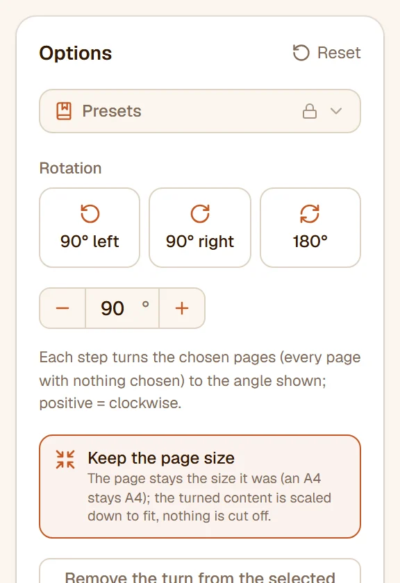 The rotation controls: the three turn buttons, the angle stepper at 90°, Keep the page size and the button that removes the turn