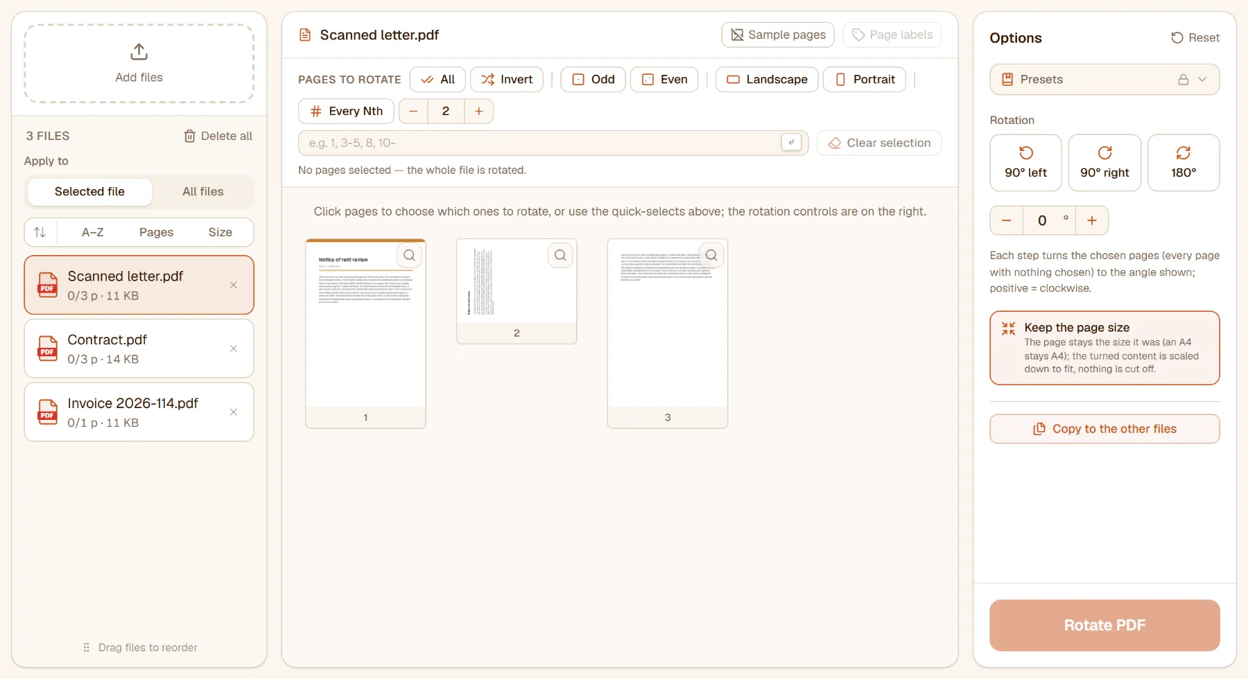 Rotate PDF with a three-page scanned letter loaded: the second page lies on its side