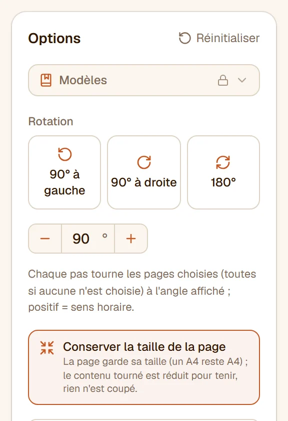Les réglages de rotation : les trois boutons de rotation, le sélecteur d'angle sur 90°, Conserver la taille de la page et le bouton qui retire la rotation