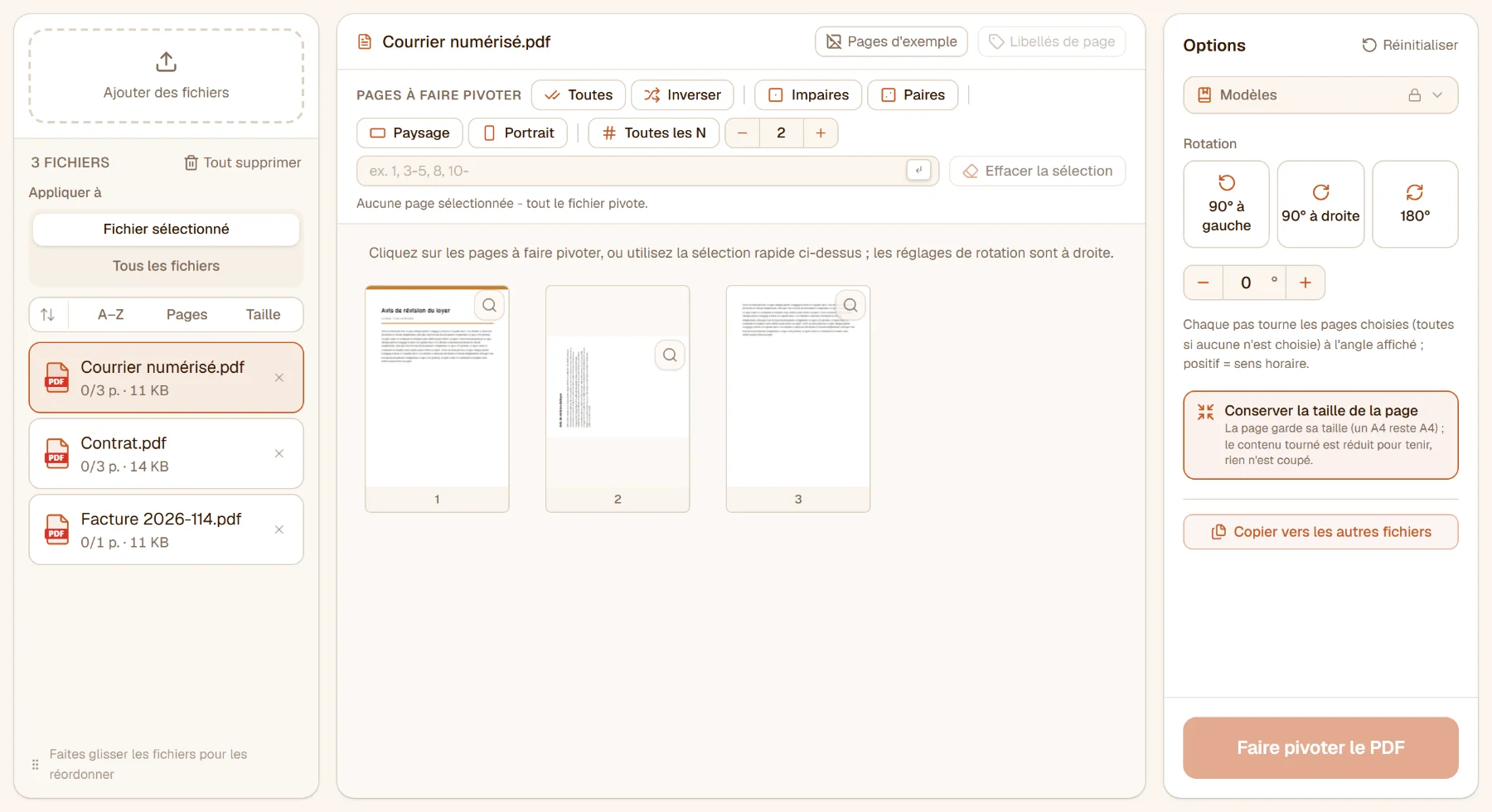 Faire pivoter un PDF avec une lettre numérisée de trois pages : la deuxième page est couchée sur le côté