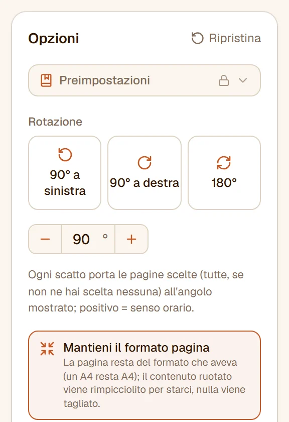 I comandi di rotazione: i tre pulsanti di rotazione, il selettore dell'angolo a 90°, Mantieni il formato pagina e il pulsante che toglie la rotazione