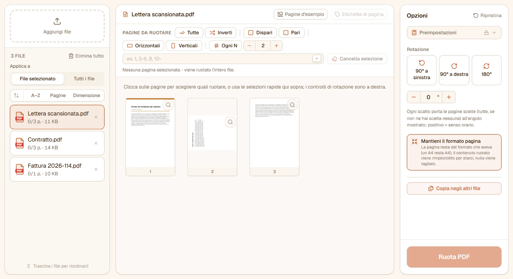 Ruotare PDF con una lettera scansionata di tre pagine caricata: la seconda pagina è di traverso