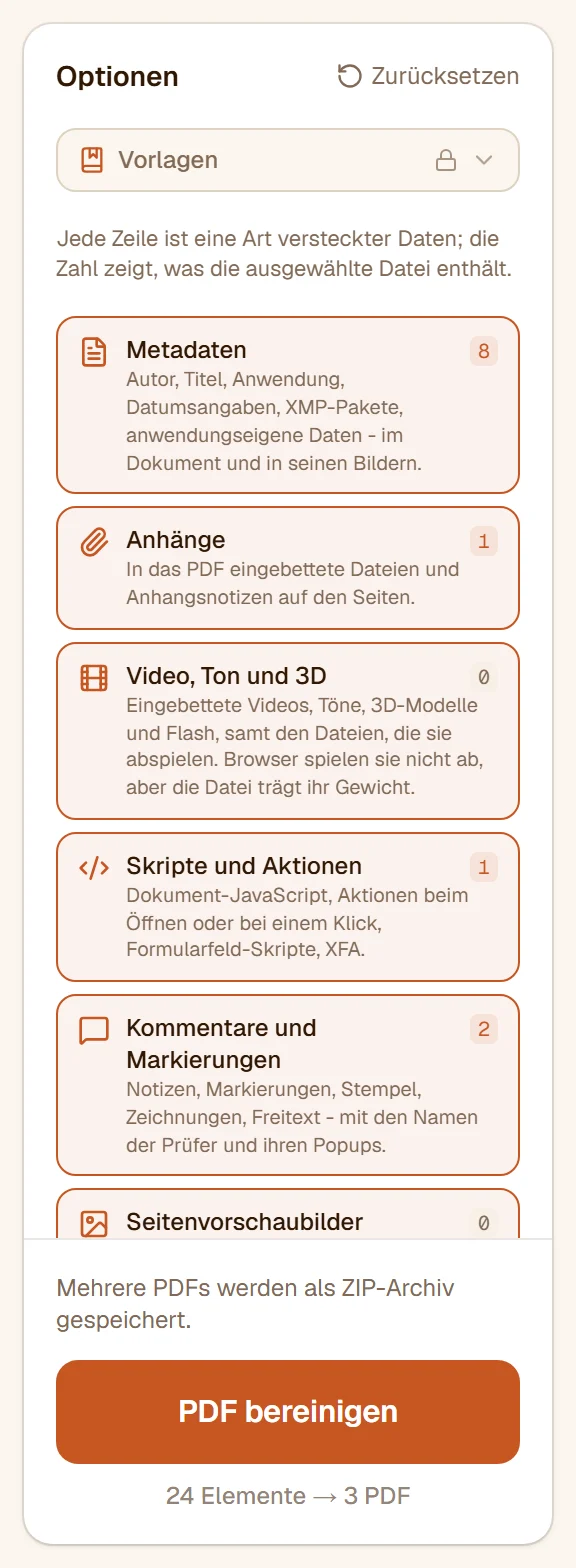 Die Zeilen der Optionsleiste: Metadaten 8, Anhänge 1, Video, Ton und 3D 0, Skripte und Aktionen 1, Kommentare und Markierungen 2, Seitenvorschaubilder 0, Links und Formularfelder ausgeschaltet