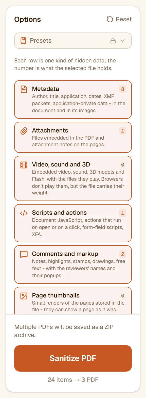 The rail's rows: Metadata 8, Attachments 1, Video, sound and 3D 0, Scripts and actions 1, Comments and markup 2, Page thumbnails 0, Links and Form fields switched off