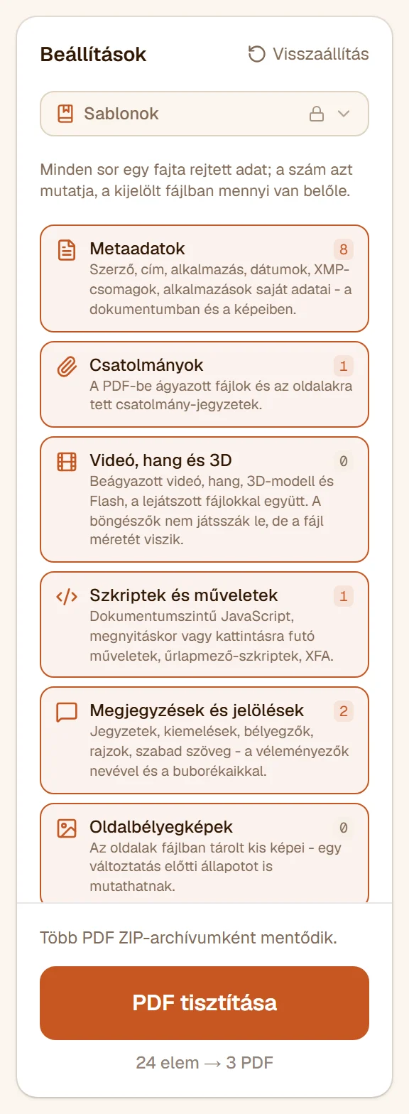 A sáv sorai: Metaadatok 8, Csatolmányok 1, Videó, hang és 3D 0, Szkriptek és műveletek 1, Megjegyzések és jelölések 2, Oldalbélyegképek 0, a Linkek és az Űrlapmezők kikapcsolva