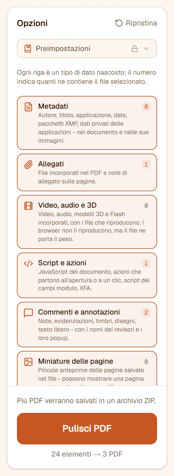 Le righe del pannello: Metadati 8, Allegati 1, Video, audio e 3D 0, Script e azioni 1, Commenti e annotazioni 2, Miniature delle pagine 0, Link e Campi modulo disattivati