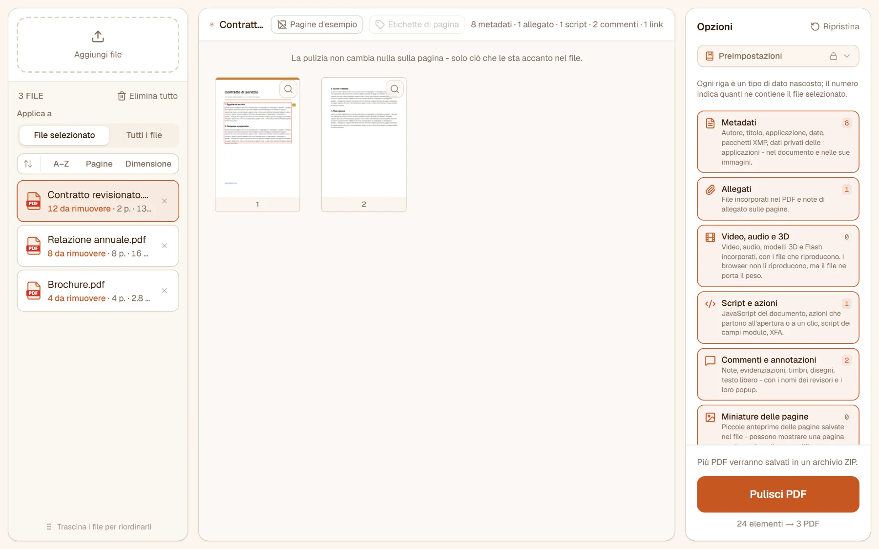 Pulire PDF con tre file: il contratto revisionato contiene 8 metadati, 1 allegato, 1 script, 2 commenti e 1 link, 12 elementi da togliere