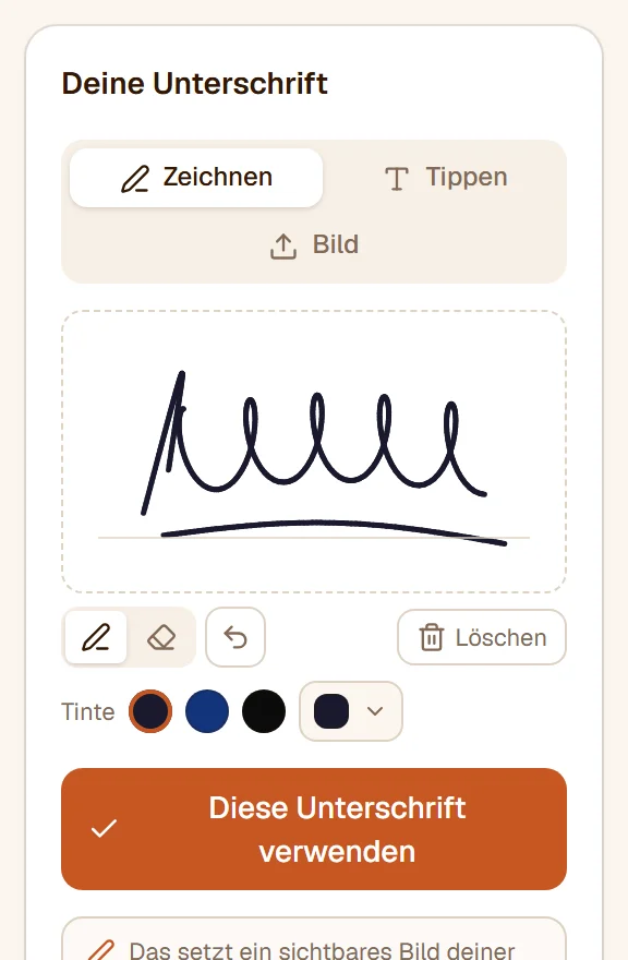 Das Unterschriftenfeld mit einer gezeichneten Unterschrift, den Schaltflächen für Stift, Radierer und Rückgängig sowie den Tintenfarben